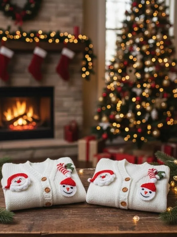 Yılbaşı Temalı El Örgüsü Bebek Hırkası Beyaz,Santa & Kardan Adam Figürlü 0-1 Yaş