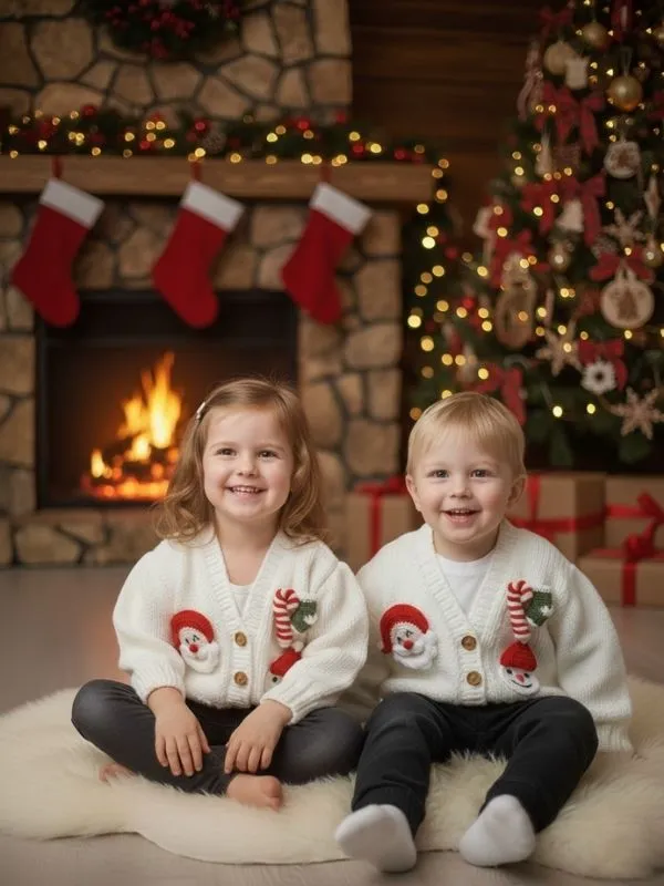 Yılbaşı Temalı El Örgüsü Bebek Hırkası Beyaz,Santa & Kardan Adam Figürlü 0-1 Yaş