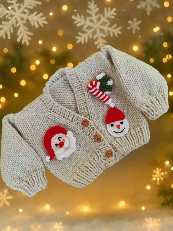 El Örgüsü Yılbaşı Temalı Noel Baba Kardan Adam  Çocuk Hırkası 0-1 Yaş