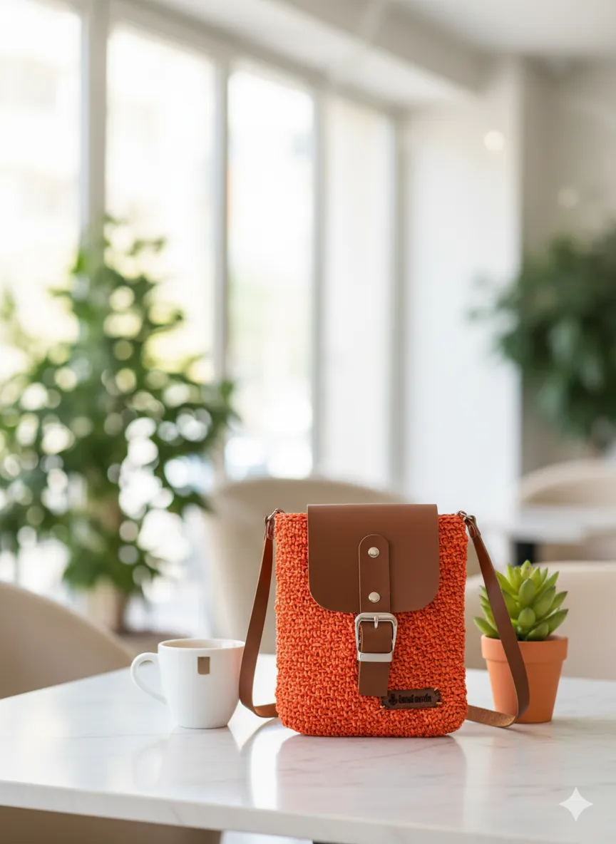 Kağıt Rafya İp ve Deri Detaylı Yeşil Telefon Çantası - El Emeği