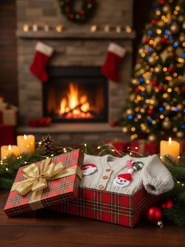 Yılbaşı Temalı El Örgüsü Bebek Hırkası Beyaz,Santa & Kardan Adam Figürlü 0-1 Yaş