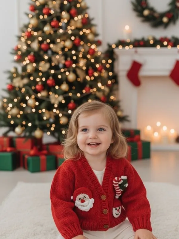 El Örgüsü Yılbaşı Temalı Kırmızı Noel Baba Kardan Adam  Çocuk Hırkası 2-4 Yaş