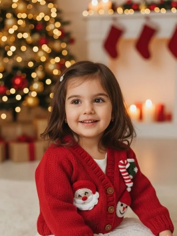 El Örgüsü Yılbaşı Temalı Kırmızı Noel Baba Kardan Adam  Çocuk Hırkası 0-1 Yaş