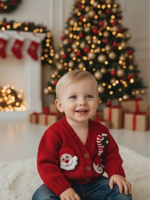 El Örgüsü Yılbaşı Temalı Kırmızı Noel Baba Kardan Adam  Çocuk Hırkası 2-4 Yaş