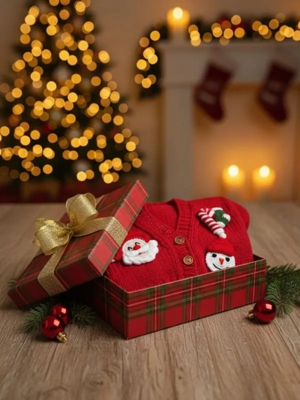 Özel Tasarım El Örgüsü Kırmızı Yılbaşı Noel Konseptli Bebek Hırka  0 Ay-1 Yaş