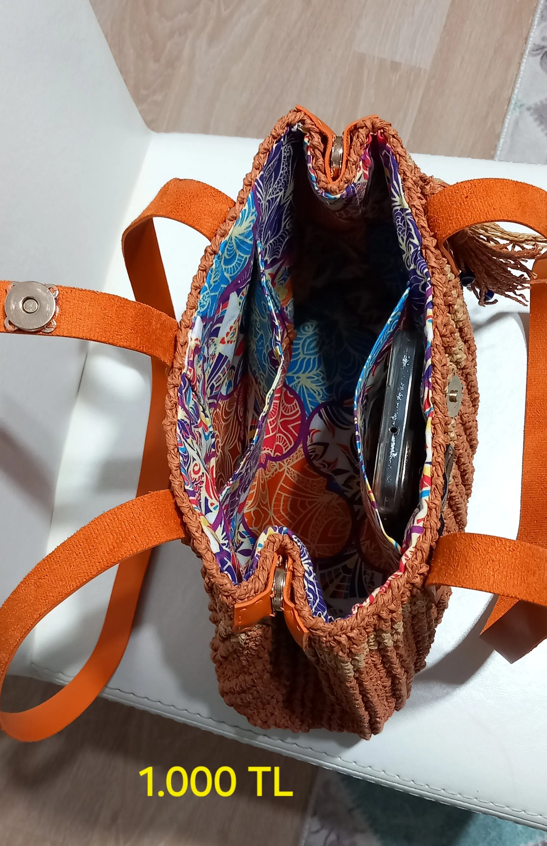 Turuncu Hasır Örgü Omuz Çantası - Astarlı, Cepli ve El Yapımı