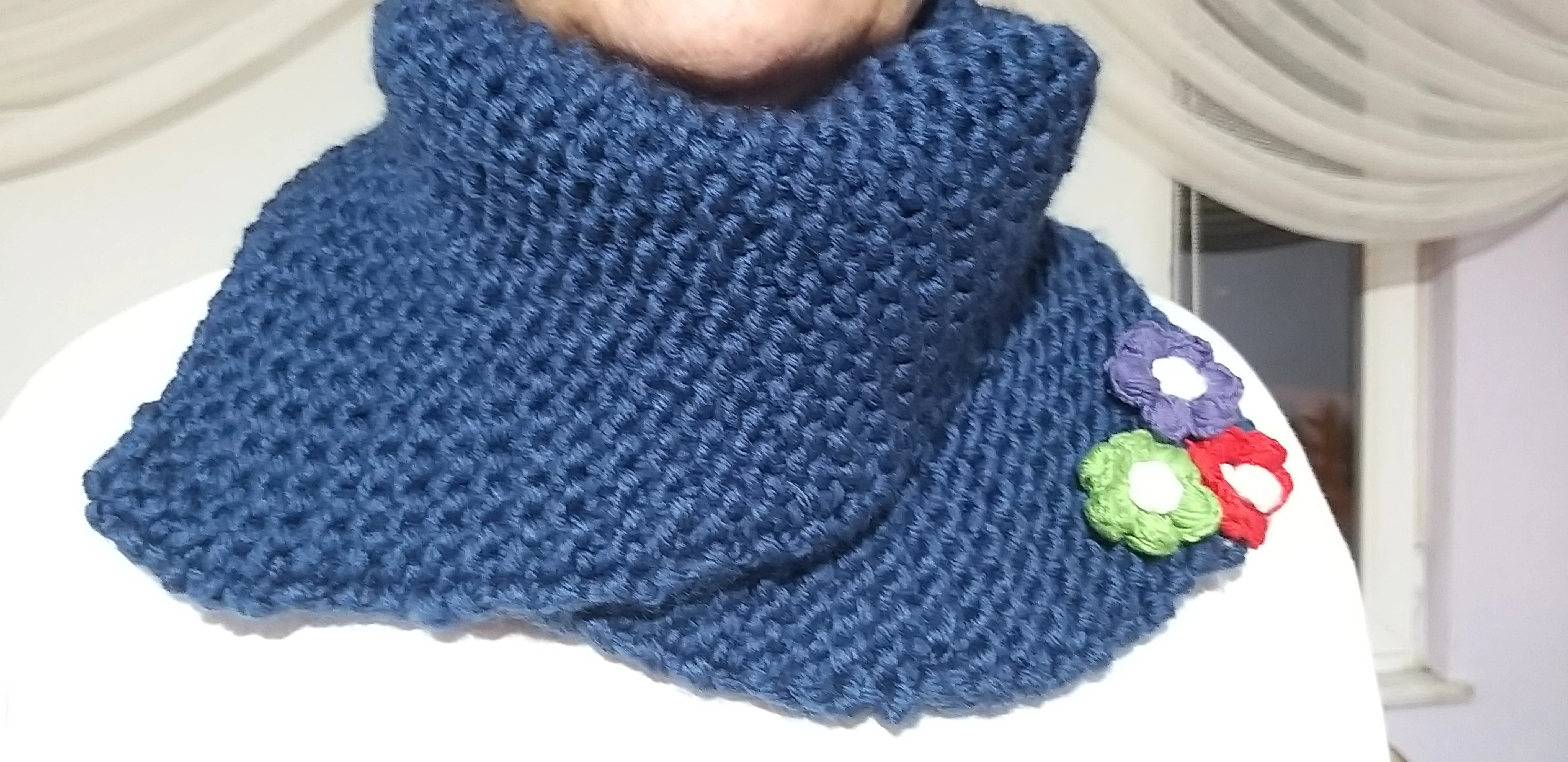 Navy Blue Knitted Neck Warmer - Handmade Chic Design with Flower Detail