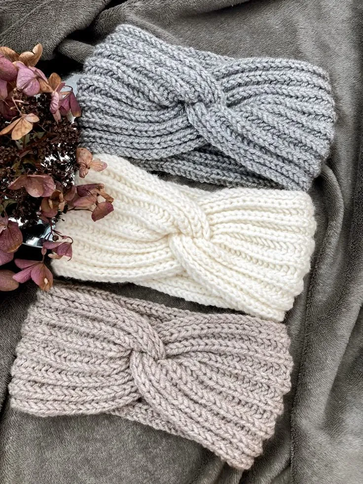 Örgü Bandana - El Emeği Saç Aksesuarı, Gri, Krem, Bej Renk