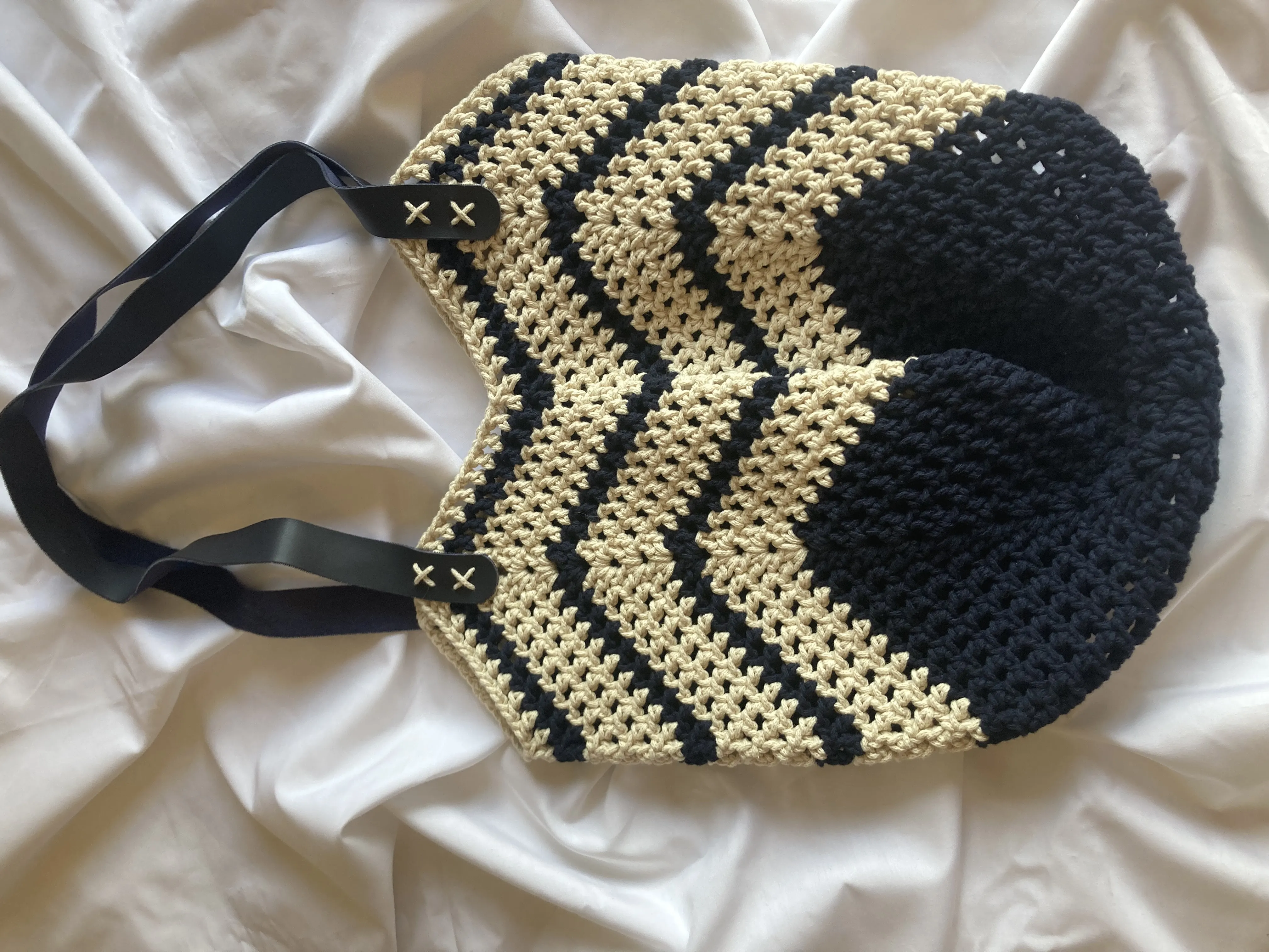 Lacivert Krem Renkli Makrome Örgü Omuz Çantası - Deri Saplı