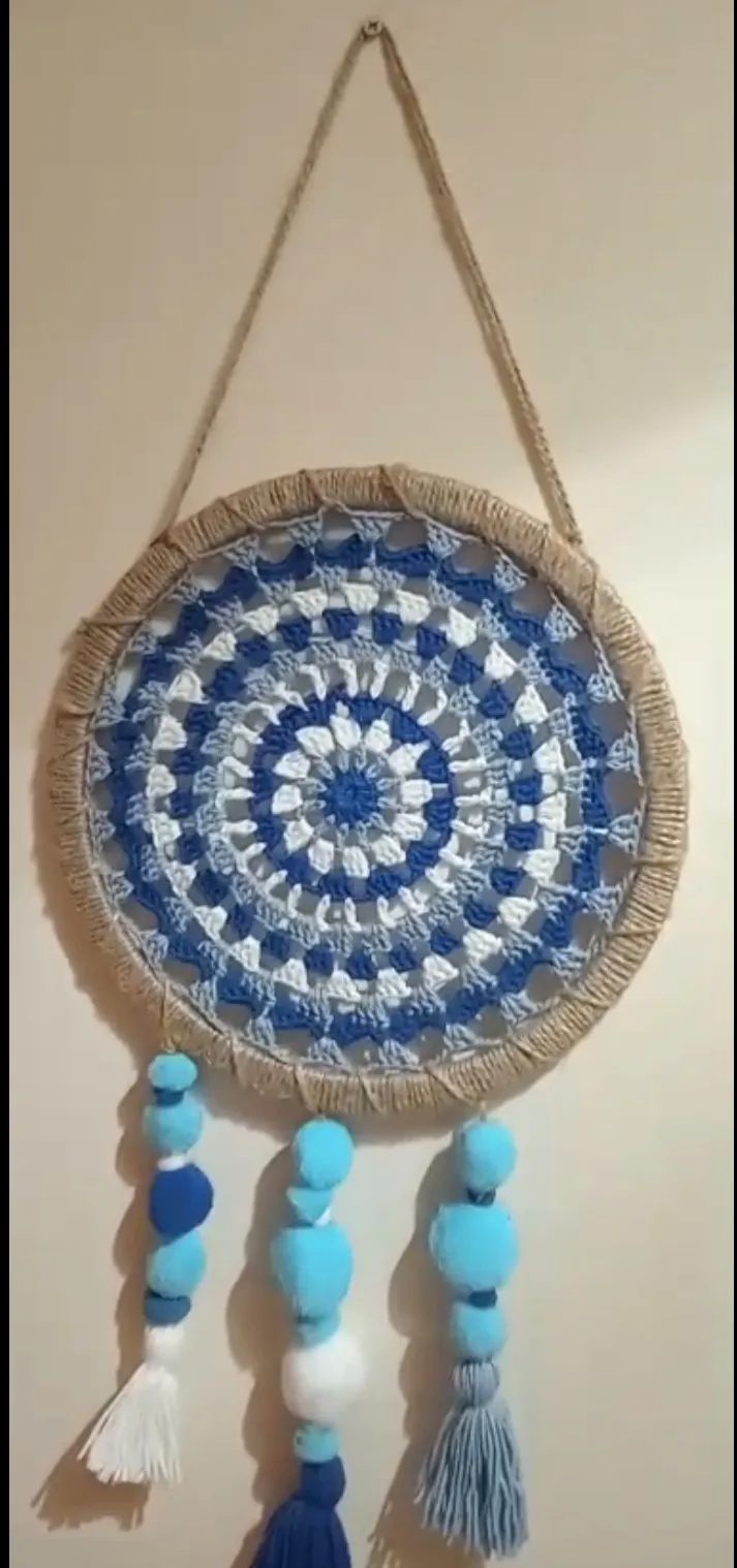 El Örgüsü Tığ İşi Mandala Desenli Mavi-Beyaz Düş Kapanı