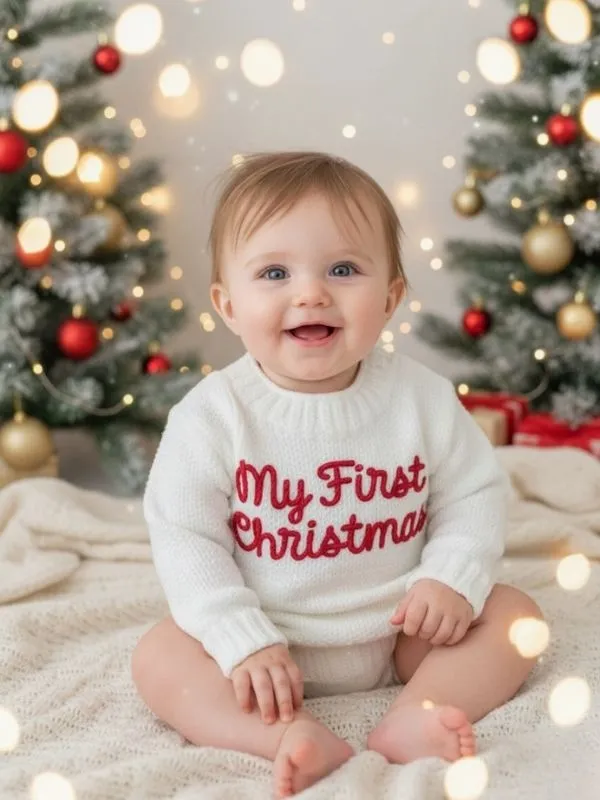  My First Christmas" Örgü Bebek Kazağı - Yılbaşı Özel Serisi  Kırmızı