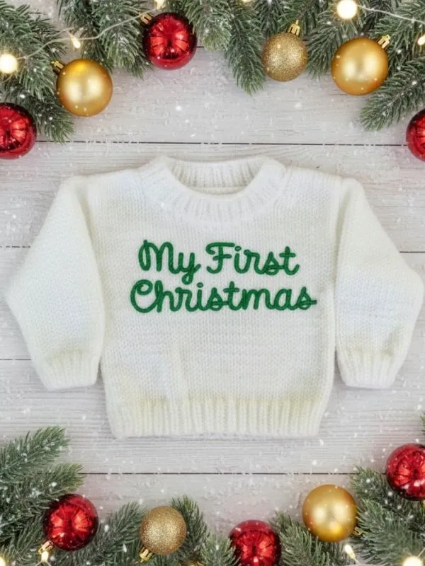  Yılbaşı Özel Serisi  My First Christmas" Örgü Bebek Kazağı  Yeşil