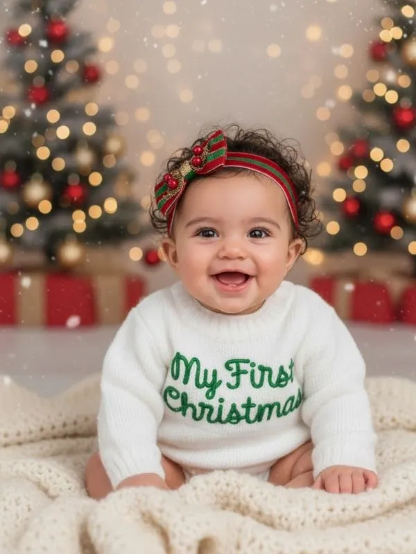  My First Christmas" Örgü Bebek Kazağı - Yılbaşı Özel Serisi Yeşil 