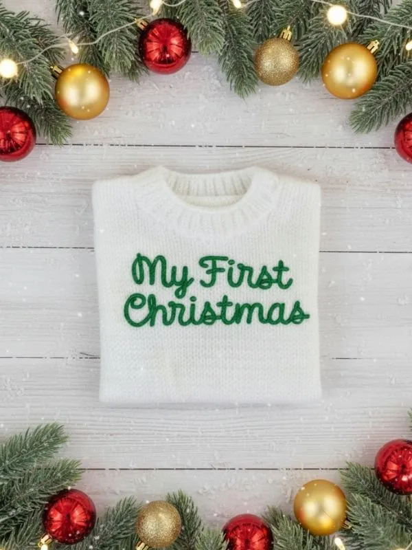  Yılbaşı Özel Serisi  My First Christmas" Örgü Bebek Kazağı  Yeşil