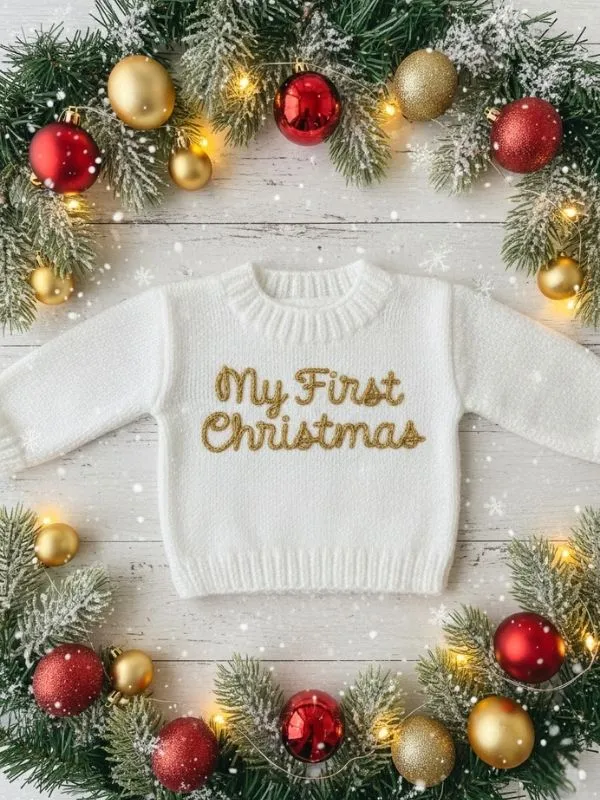  My First Christmas" Örgü Bebek Kazağı - Yılbaşı Özel Serisi Gold