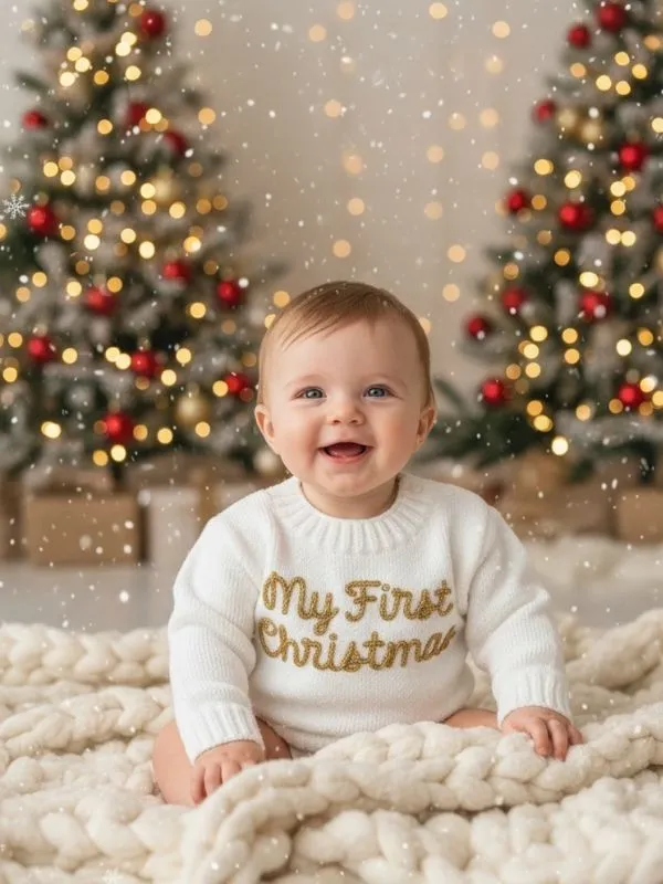  My First Christmas" Örgü Bebek Kazağı - Yılbaşı Özel Serisi Gold