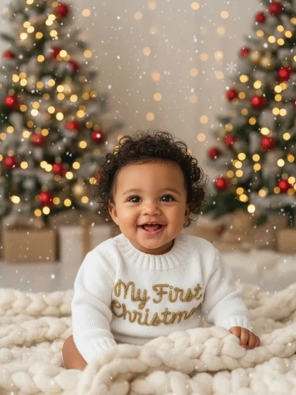 My First Christmas" Örgü Bebek Kazağı - Yılbaşı Özel Serisi Gold