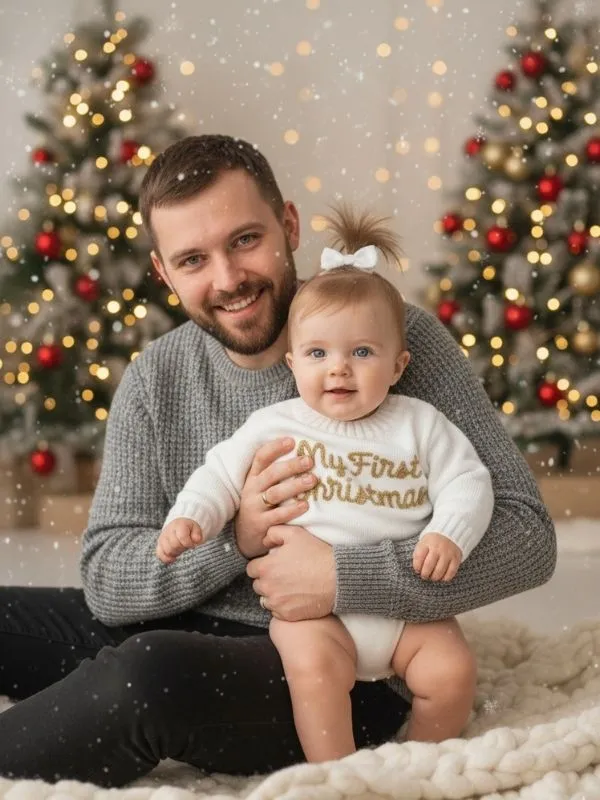 My First Christmas" Örgü Bebek Kazağı - Yılbaşı Özel Serisi Gold