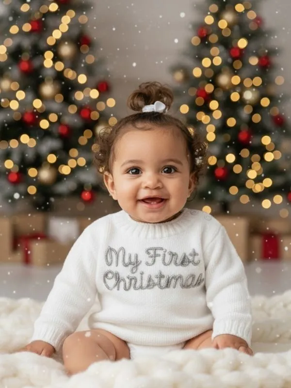 My First Christmas" Örgü Bebek Kazağı - Yılbaşı Özel Serisi Gümüş