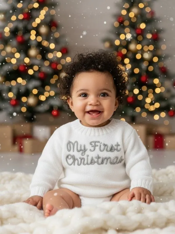 My First Christmas" Örgü Bebek Kazağı - Yılbaşı Özel Serisi Gümüş