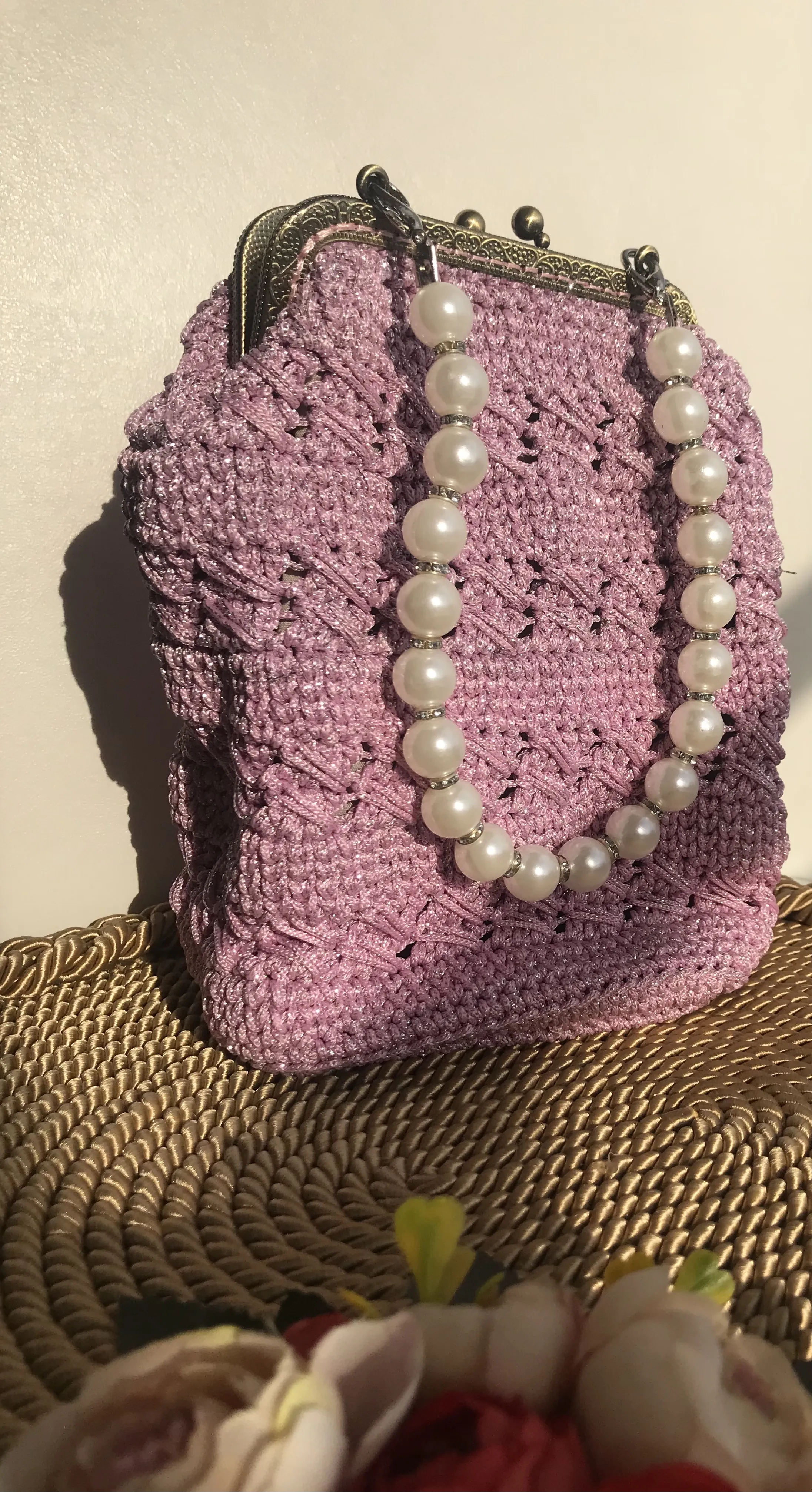 Lila Makrome Örgü Boncuklu Burslu Çanta - El Emeği Özel Tasarım
