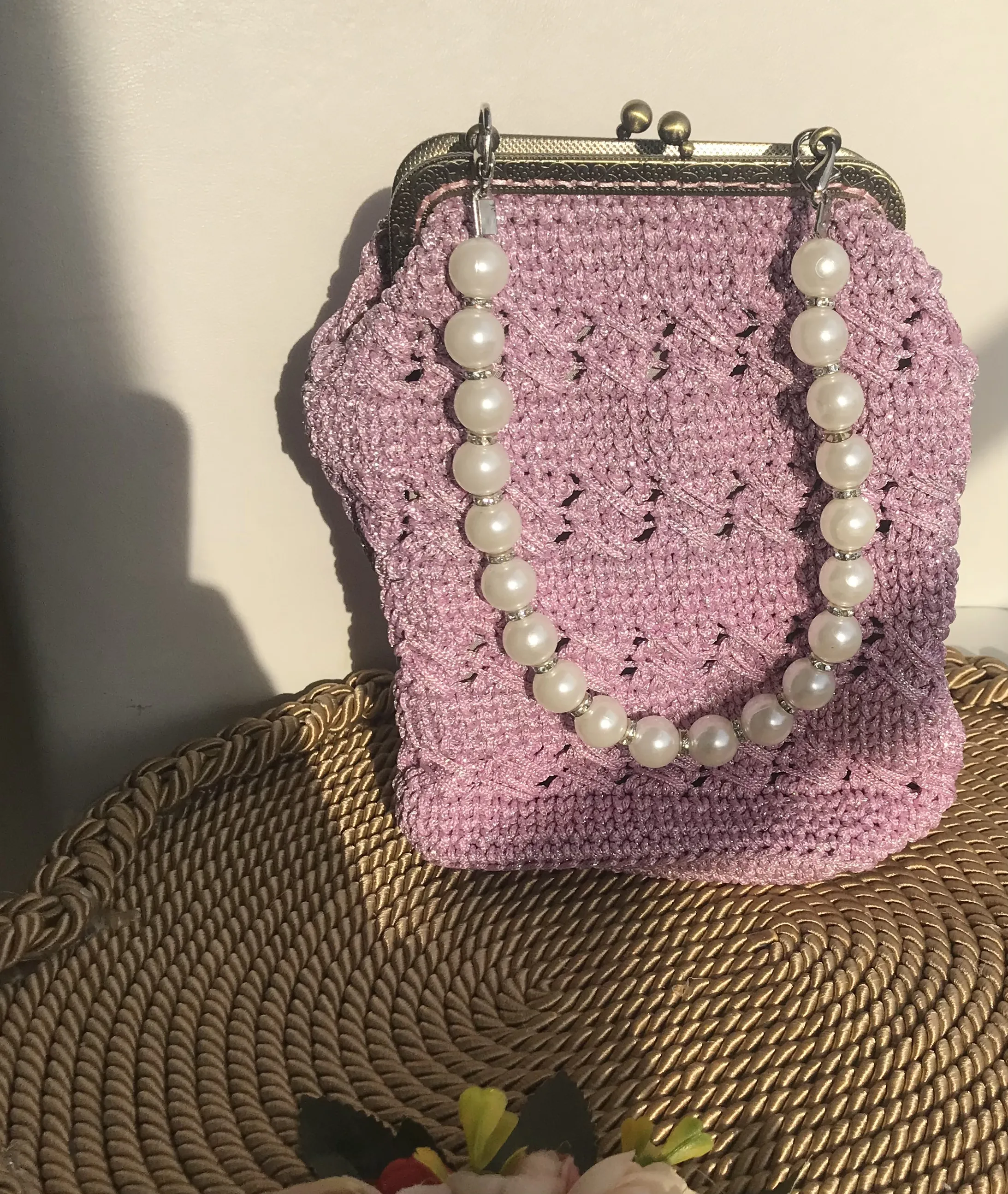 Lila Makrome Örgü Boncuklu Burslu Çanta - El Emeği Özel Tasarım