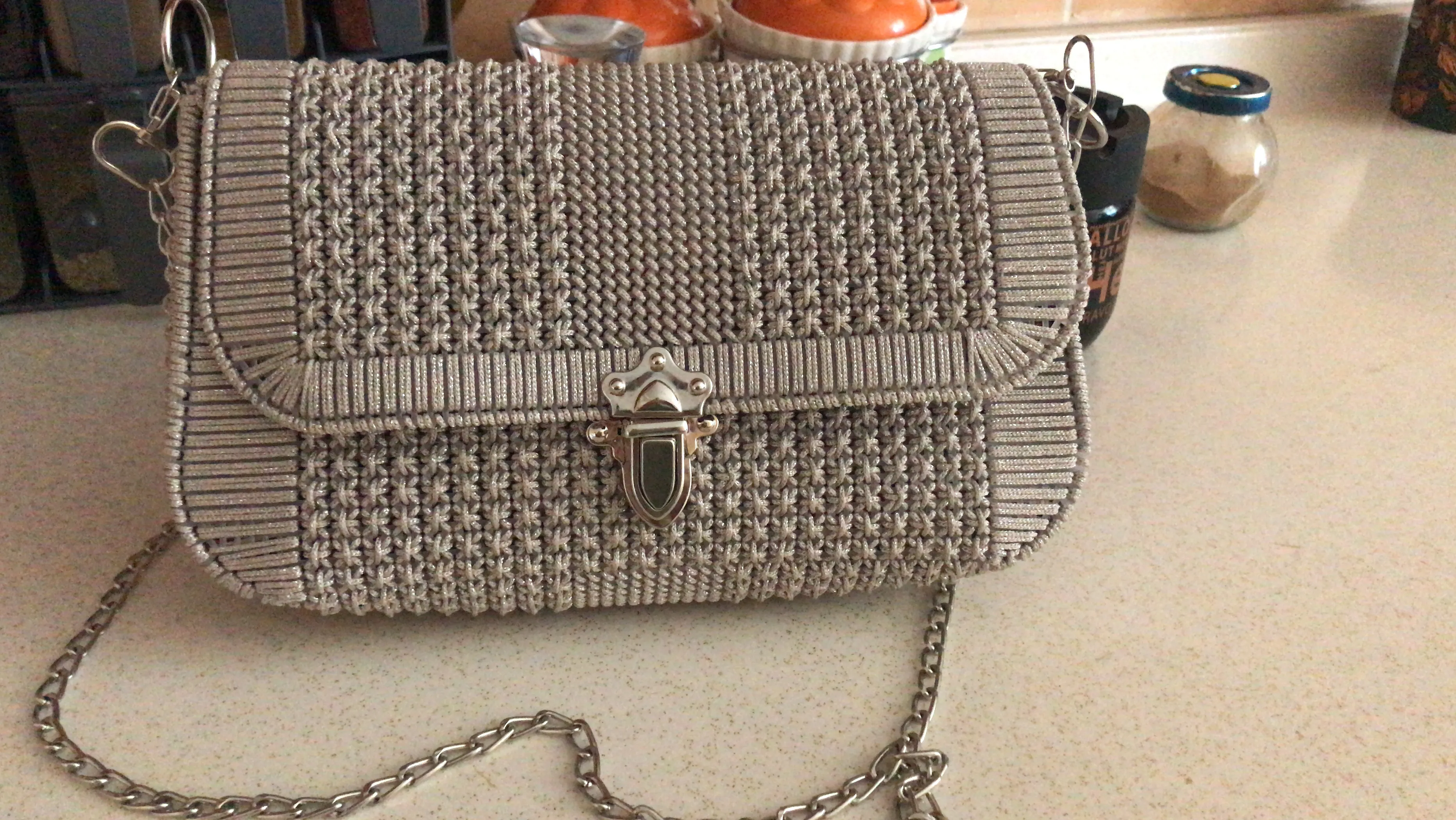 Gri Makrome Kanvas Omuz Çantası - El Yapımı Şık Tasarım