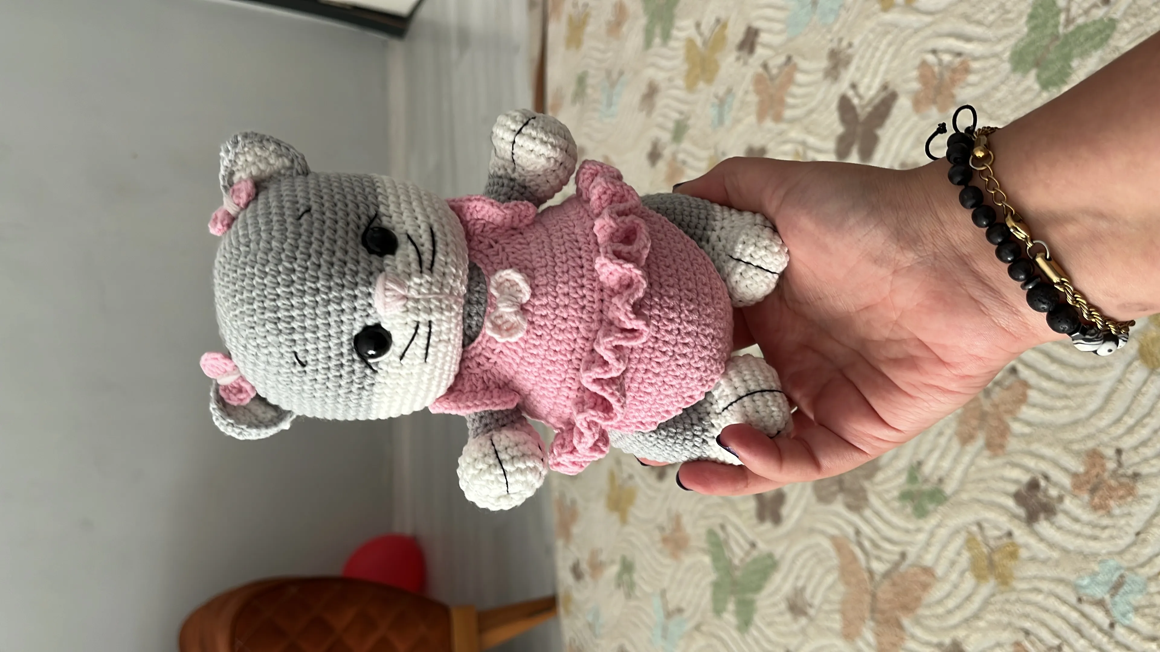Gray Amigurumi Cat Toy in Overalls - Handmade Gift