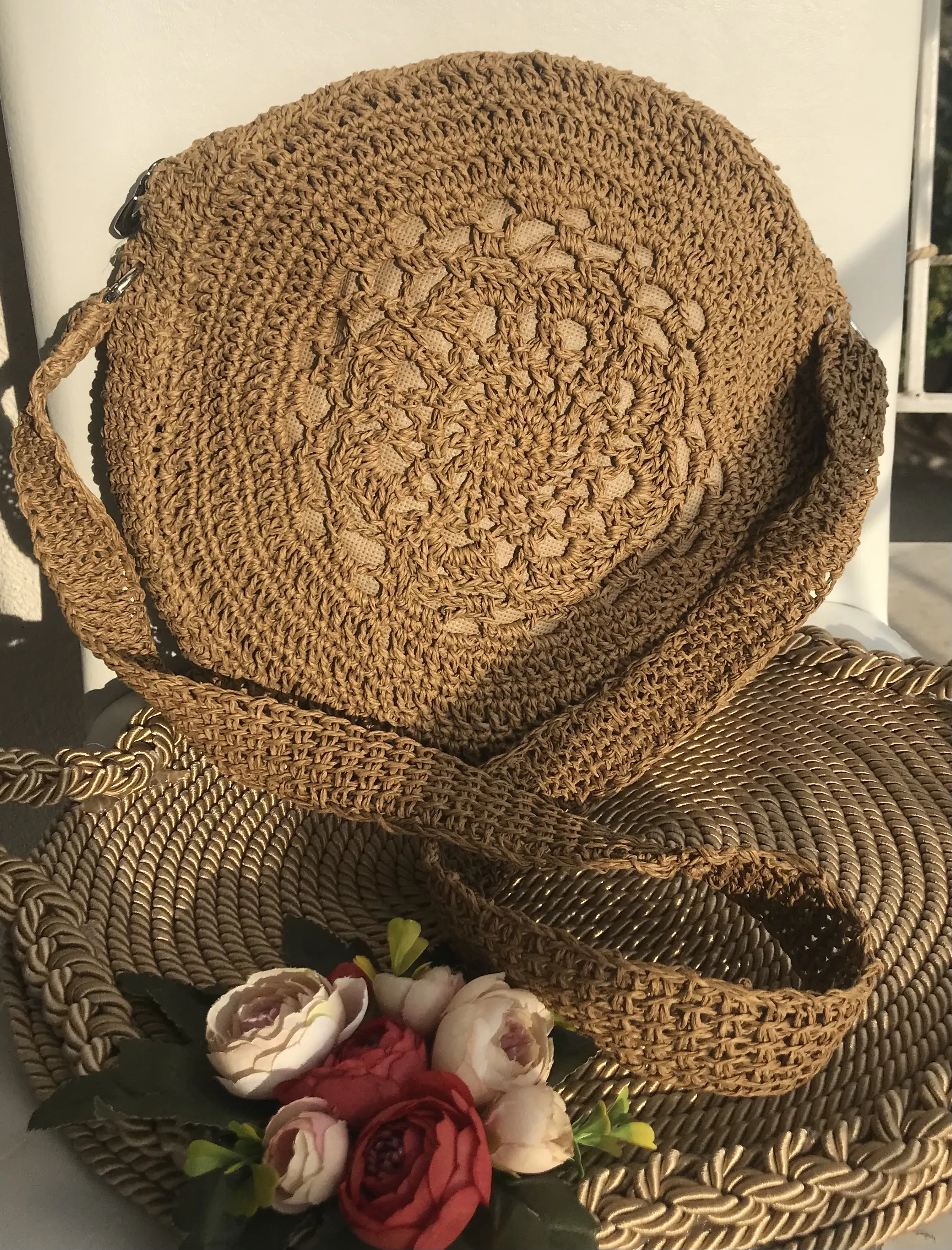 Kağıt İpten Örme Yuvarlak Kanvas Çanta - Büyük Boy El Emeği