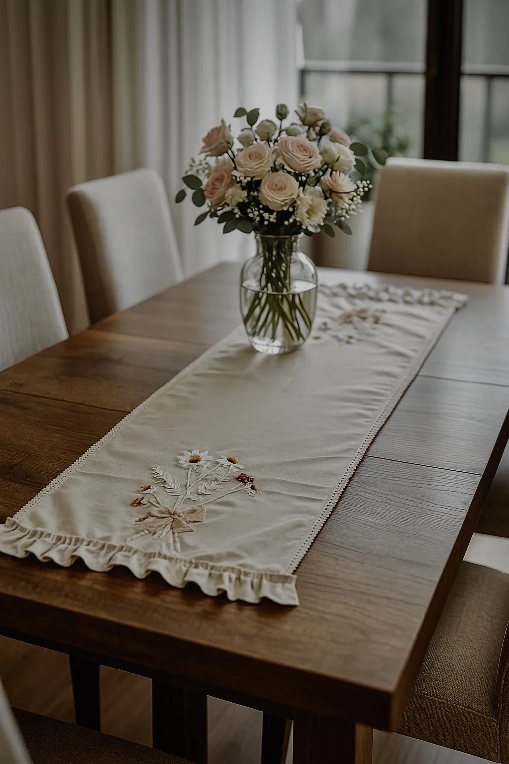 Bohem El İşlemesi Çiçek Desenli Masa Örtüsü/Runner