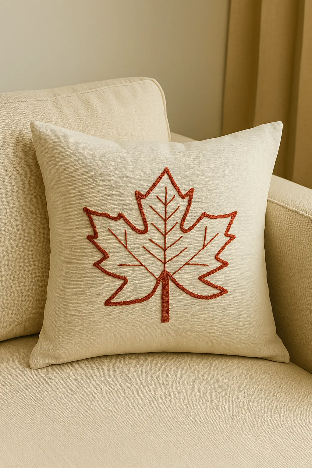 Krem Renkli Kanaviçe Yaprak Desenli Punch Yastık Kılıfı - El Emeği