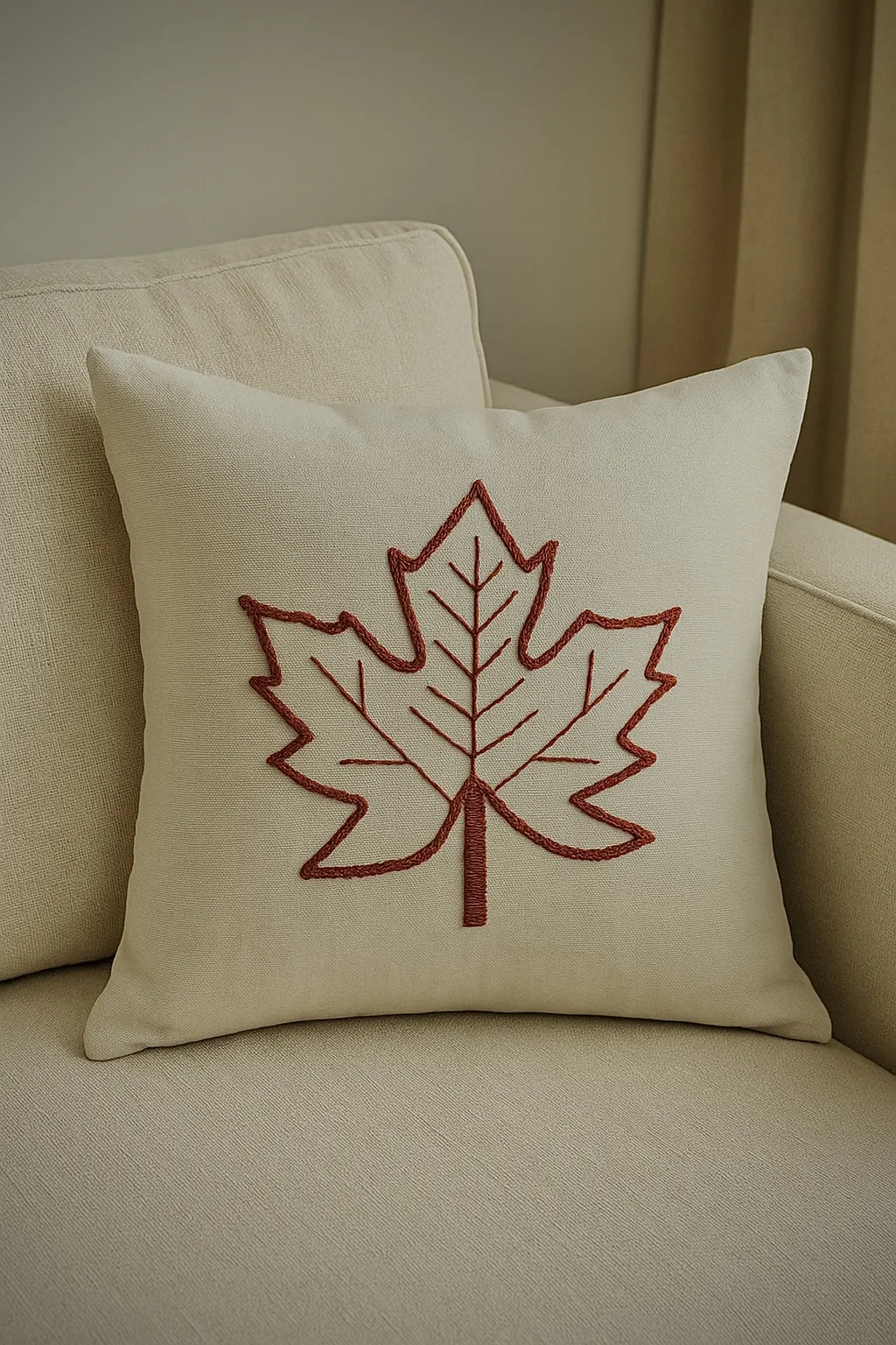 Krem Renkli Kanaviçe Yaprak Desenli Punch Yastık Kılıfı - El Emeği