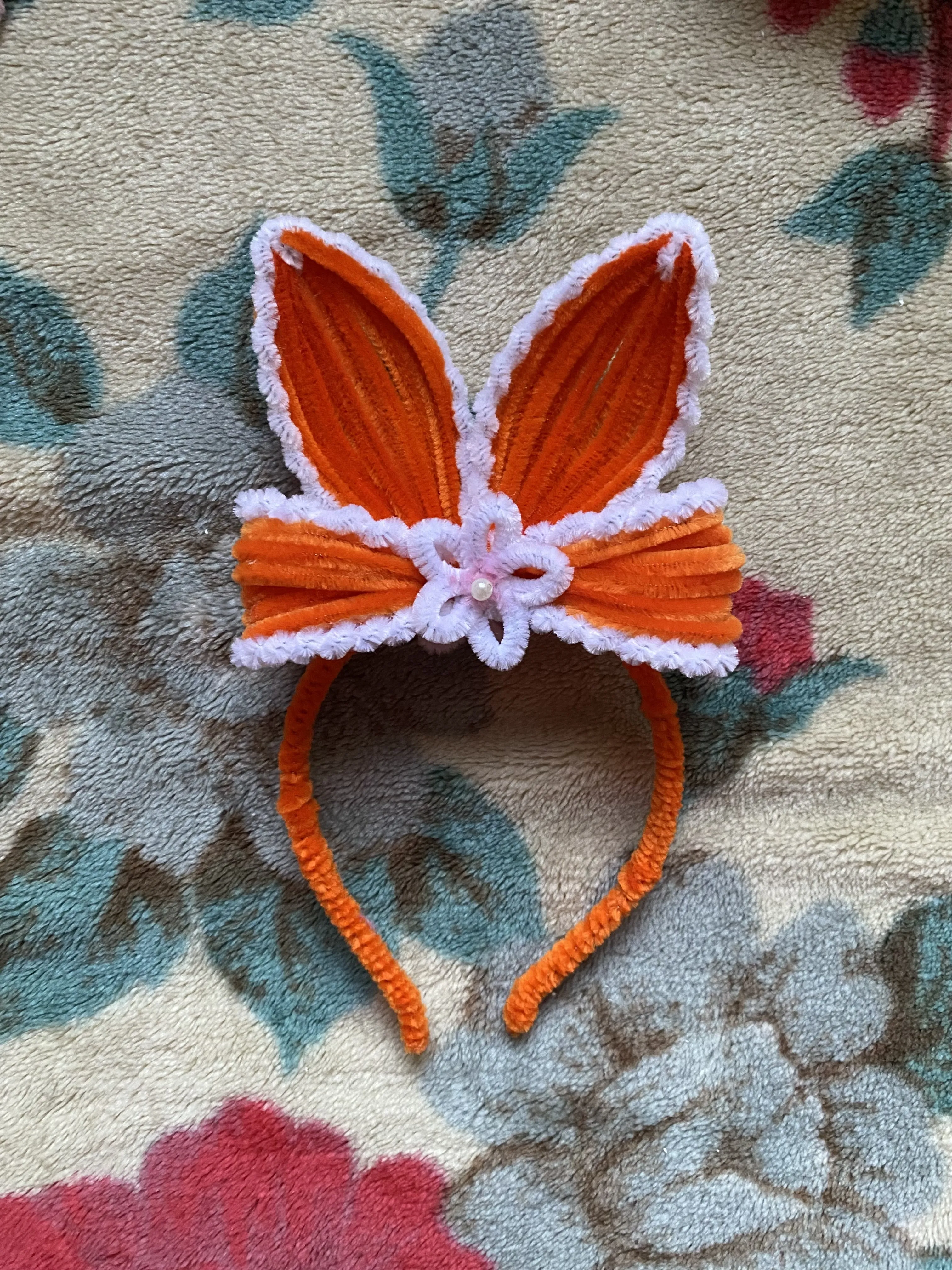 🧡 Orange Chenille Bunny Ear Crown | Handmade Pipe Cleaner Children's Party Accessory