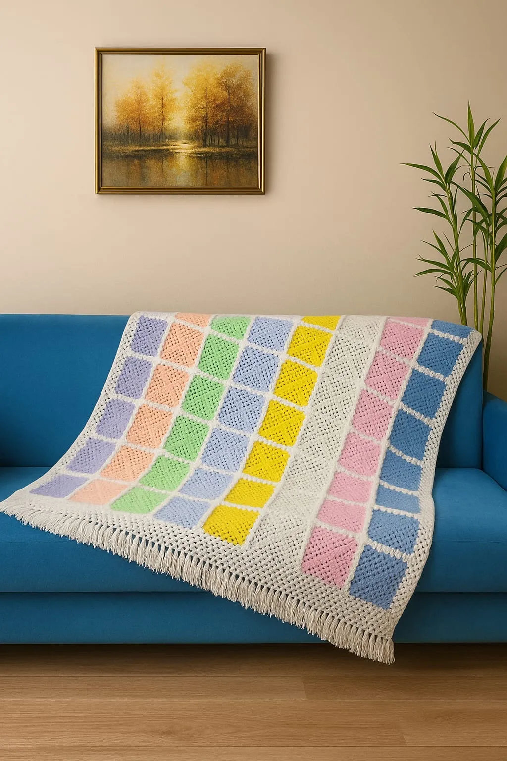 Renkli Kare Motifli Bohem Battaniye - Orta Boy El Yapımı Örgü