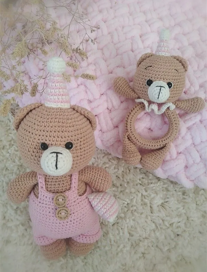 Örme Ayıcık Oyuncak ve Diş Kaşıyıcı Set - Pembe Tulumlu