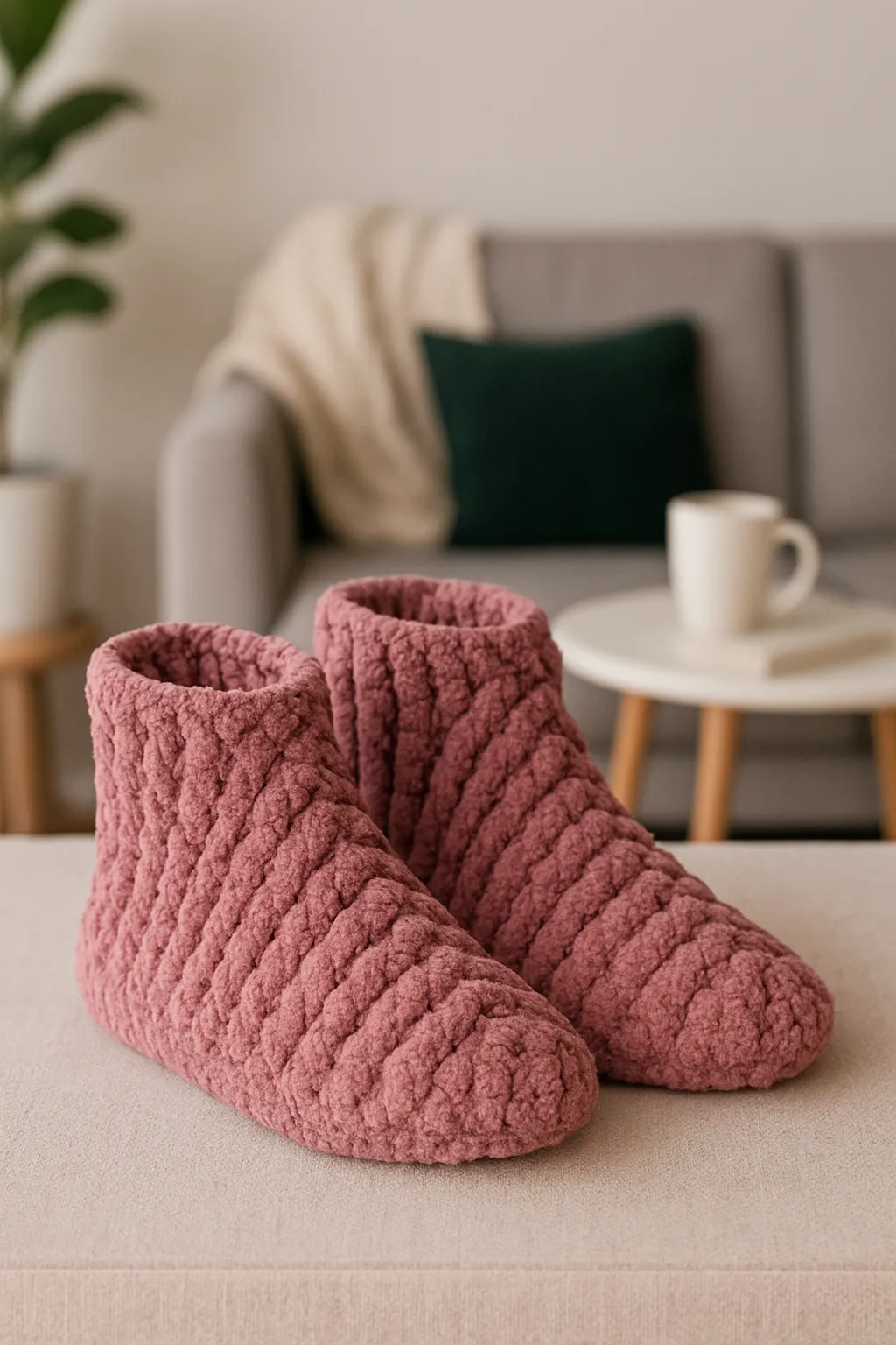 Pembe Örgü Ev Botu - Sıcak Tutan, Konforlu, El Emeği Panduf