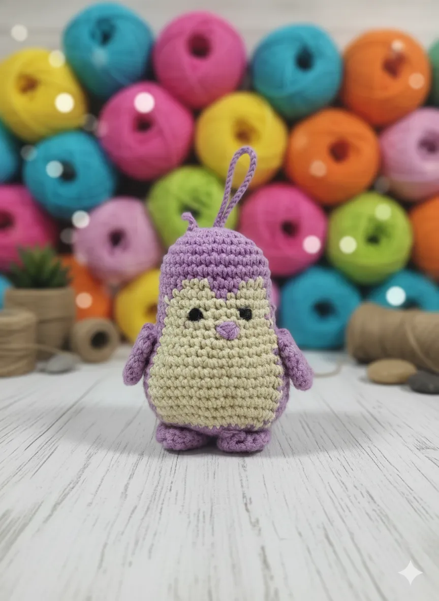El Yapımı Amigurumi Mor/Bej Penguen Anahtarlık Charmı | İpli Askılı Aksesuar