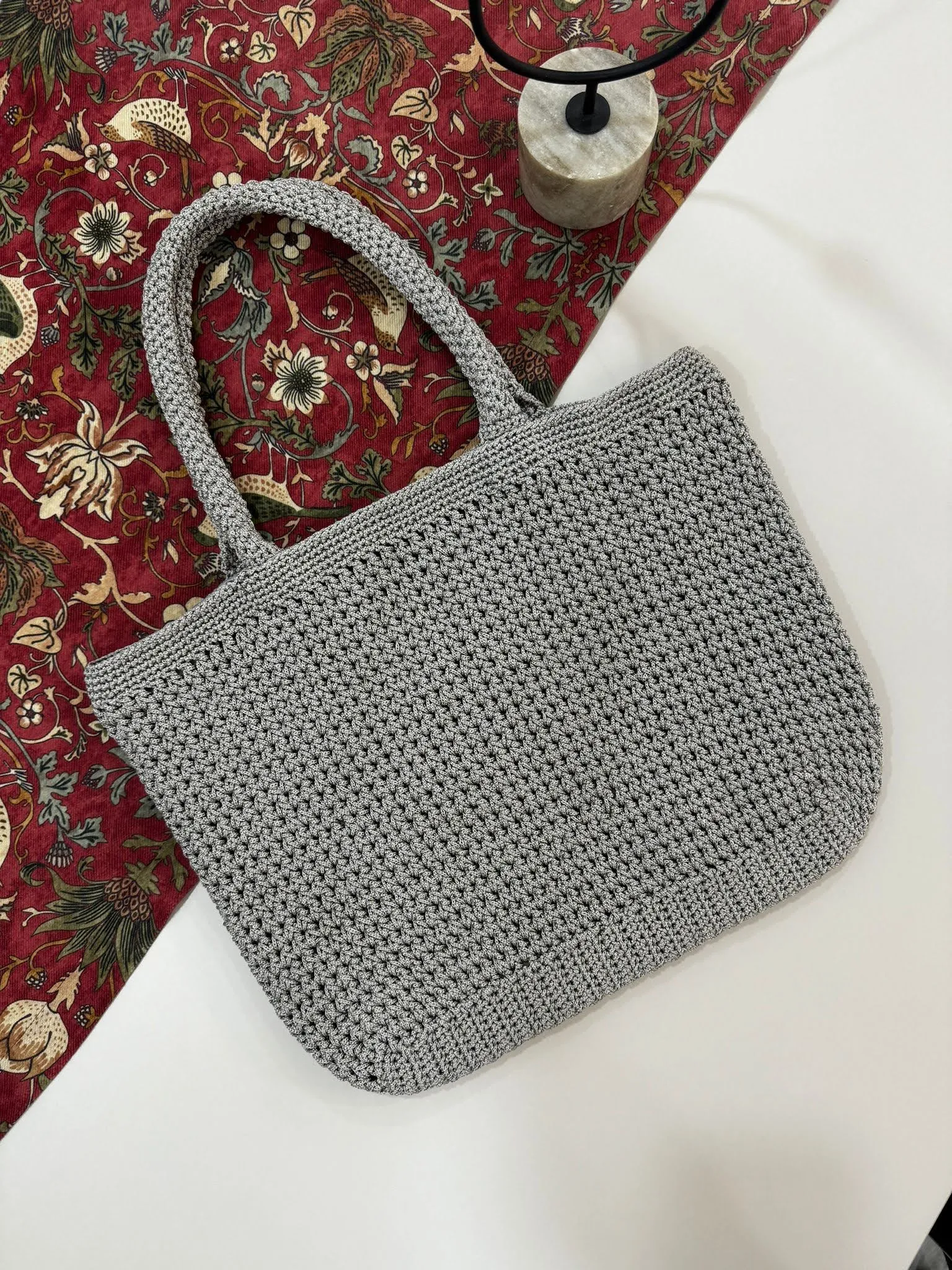 Gri Makrome Örgü Omuz Çantası Astarlı - El Emeği