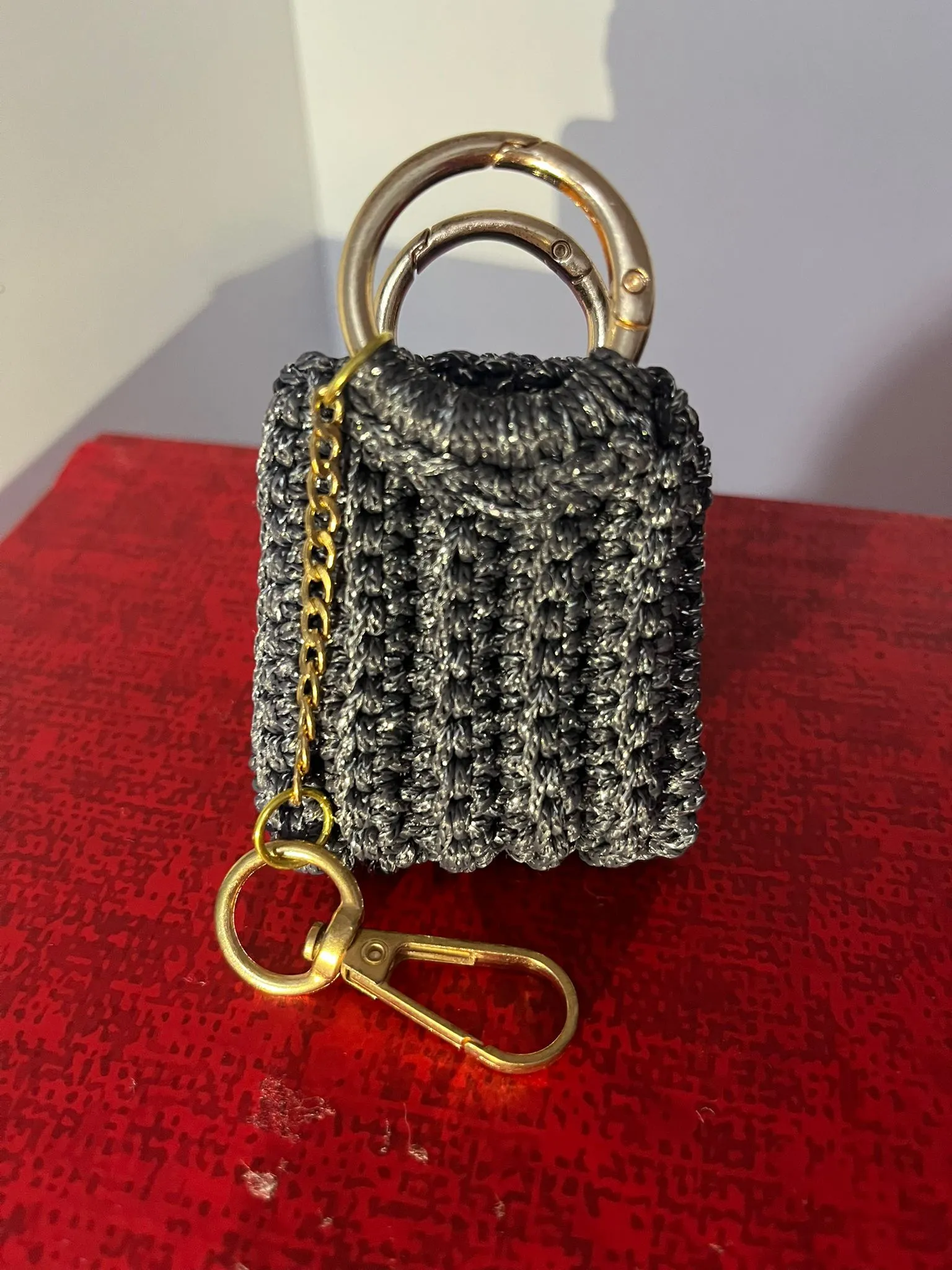 Pırıltılı Gri Polyester Makrome Mini Çanta Anahtarlık | Çanta Süsü Aksesuarı