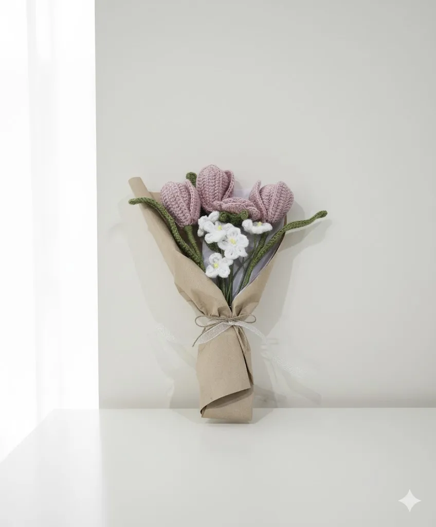 Pınky's Tulip Örgü Pembe Lale ve gül Buketi