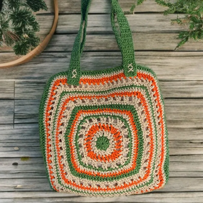 Renkli Örgü Omuz Çantası - Spagetti Yarn Kağıt İplikten El Emeği