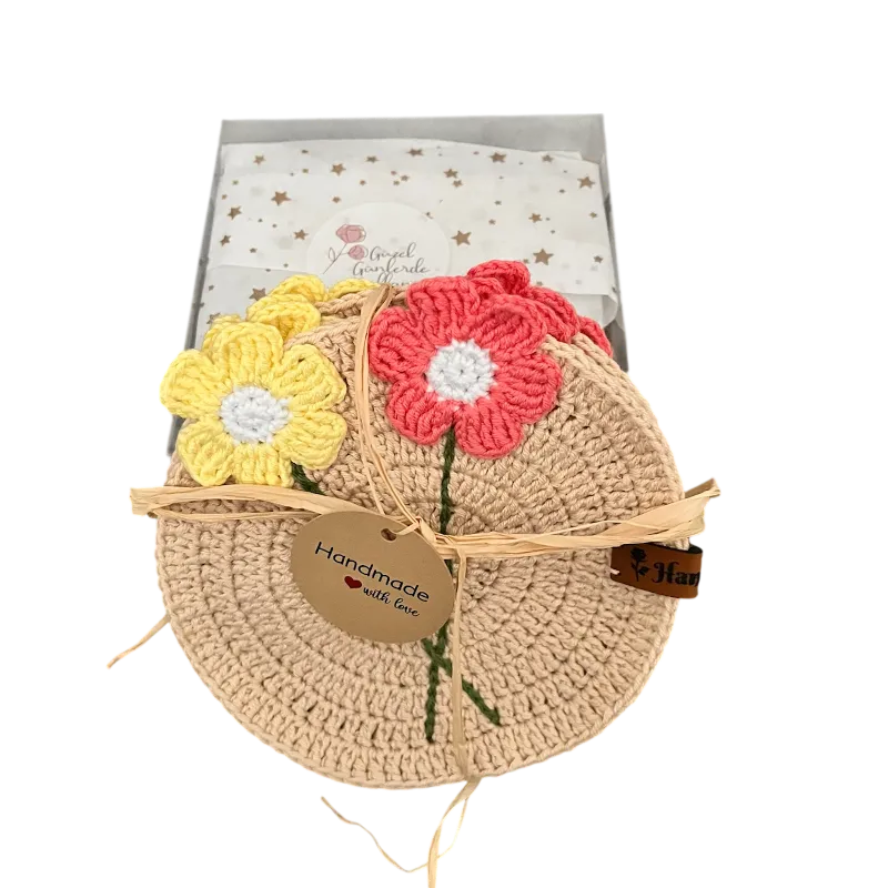 Örgü Çiçek Motifli Tabak Altlığı - El Emeği Yuvarlak Bardak Altlığı