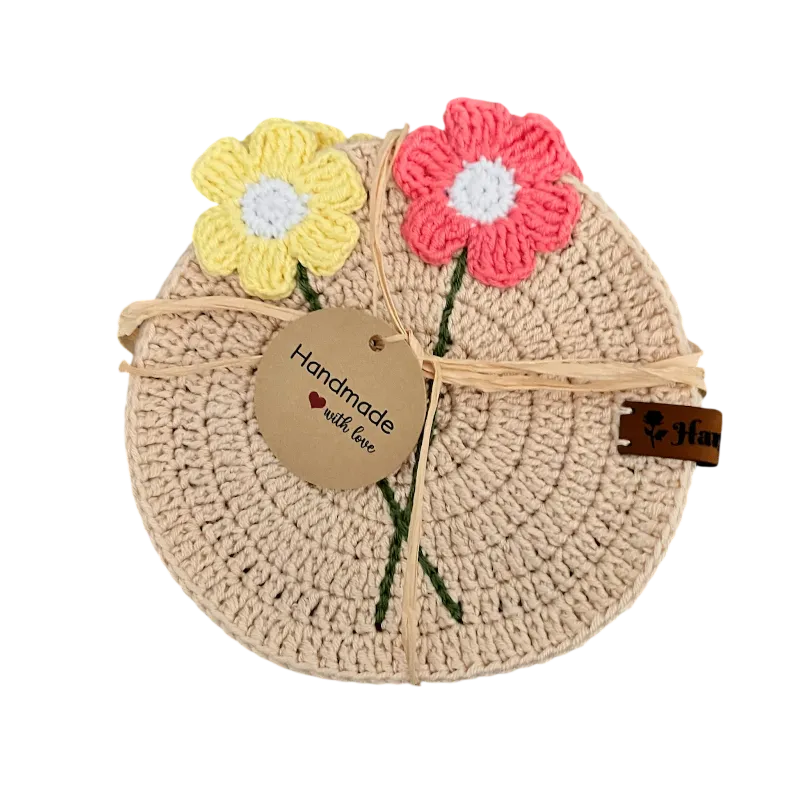 Örgü Çiçek Motifli Tabak Altlığı - El Emeği Yuvarlak Bardak Altlığı