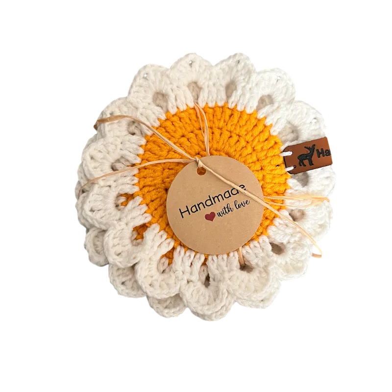 Sarı Papatya Desenli Örgü Tabak Altlığı - 6'lı Set - El Emeği