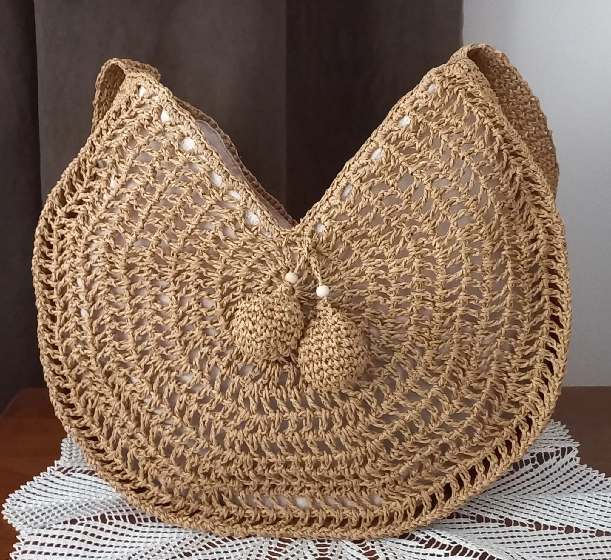 Hasır Örgü Omuz Çantası - Büyük Boy, Ponpon Detaylı, El Yapımı