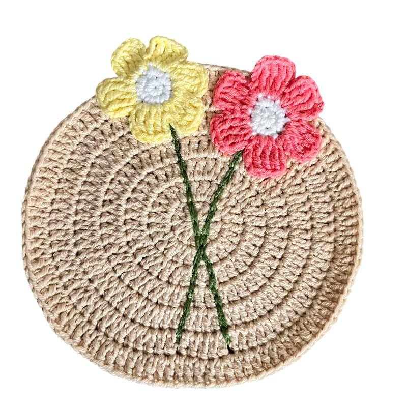 Örgü Çiçek Motifli Tabak Altlığı - El Emeği Yuvarlak Bardak Altlığı