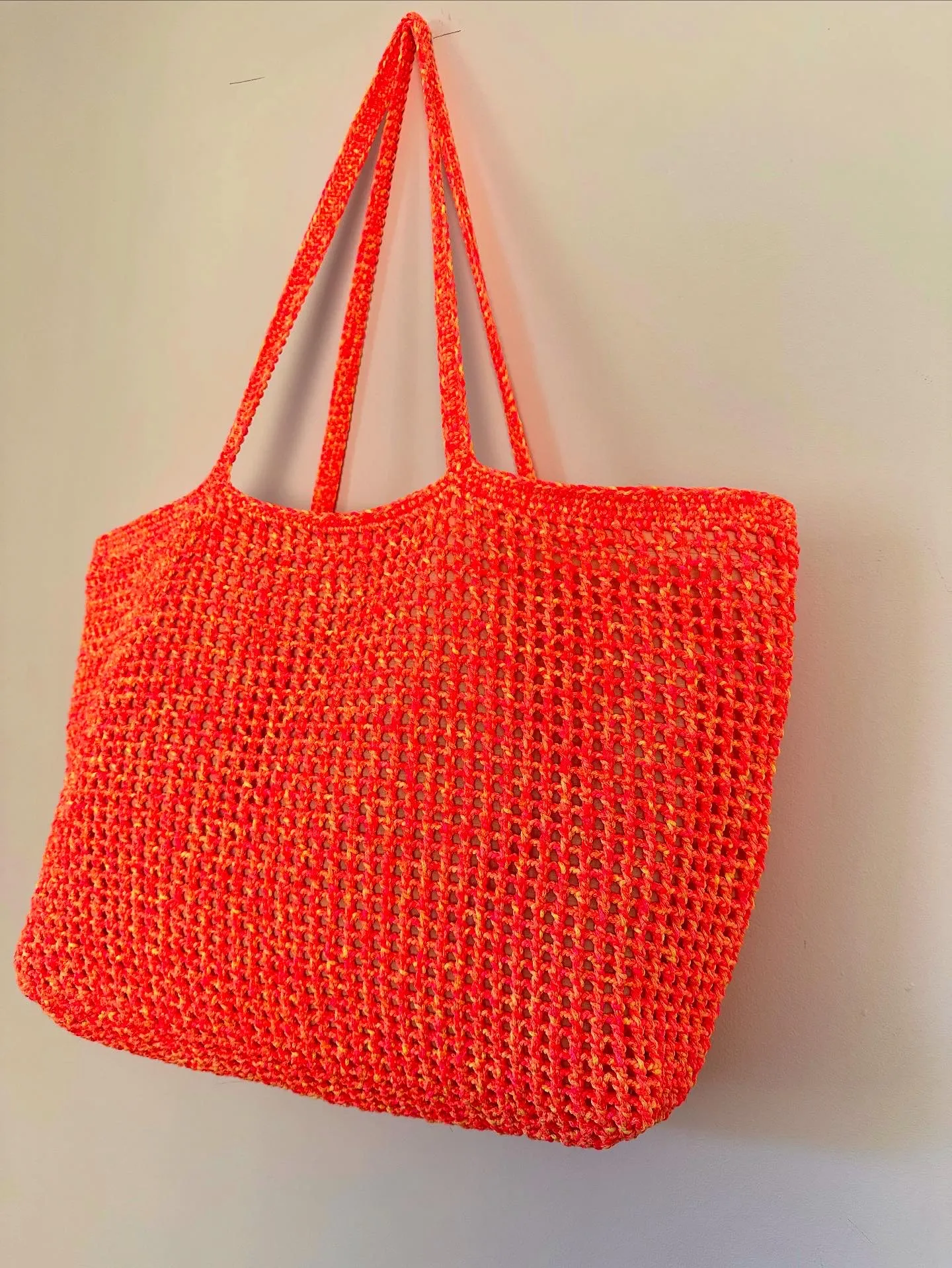 Neon Turuncu Örgü Omuz Çantası - Makrome İp İşlemeli Plaj Çantası