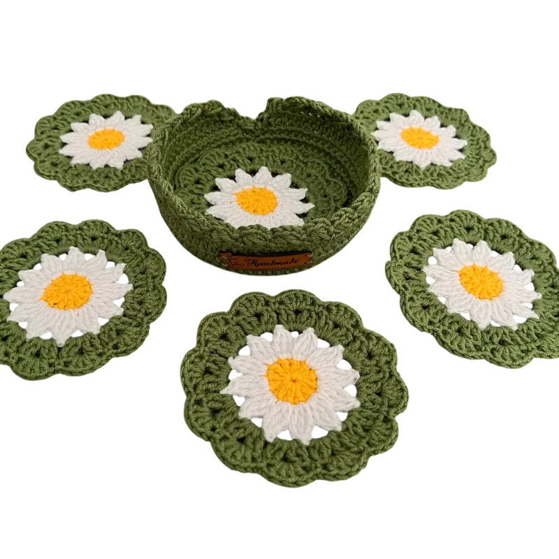 Papatya Desenli Örgü Tabak Altlığı ve Saklama Kabı - El Yapımı