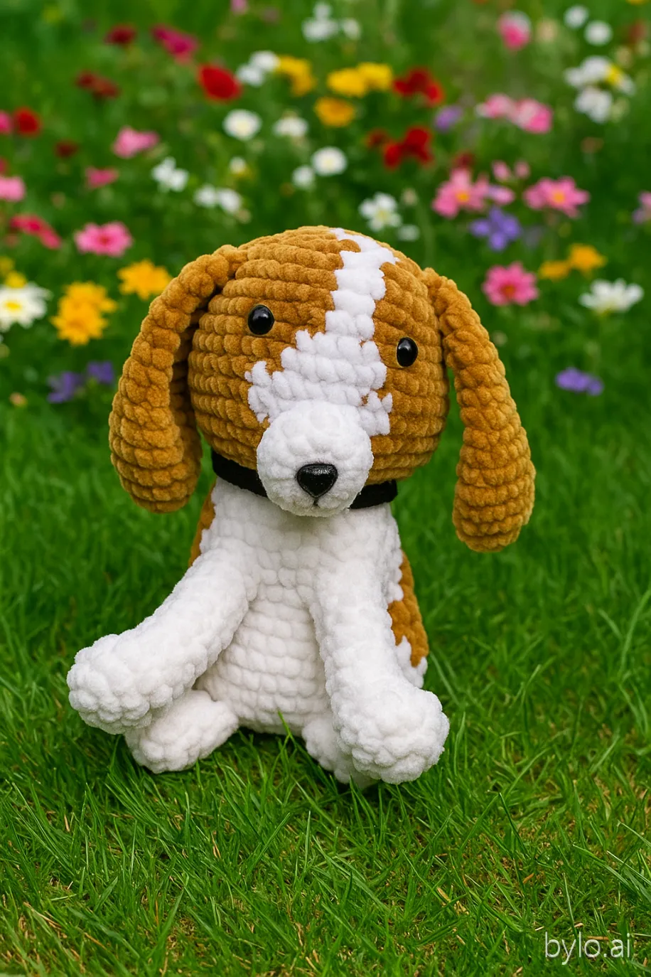 El Yapımı Amigurumi Köpek – 25 cm – Kahverengi & Beyaz Kadife İp Oyuncak