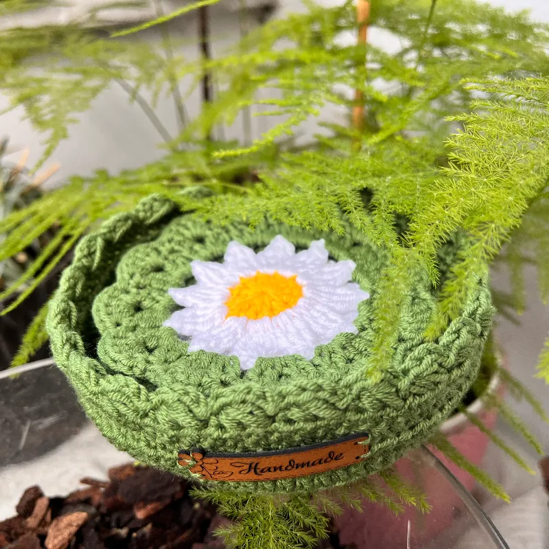 Papatya Desenli Örgü Tabak Altlığı ve Saklama Kabı - El Yapımı